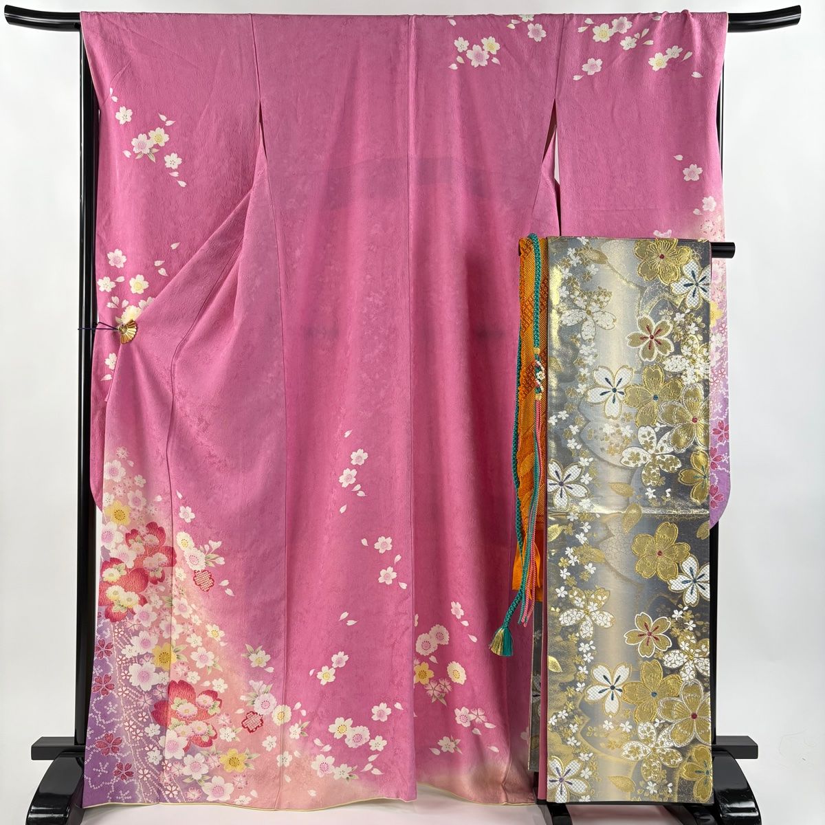 振袖 身丈169.5cm 裄丈67.5cm L 袷 袋帯フルセット 桜 地紋 ぼかし 金彩 ピンク 正絹 名品