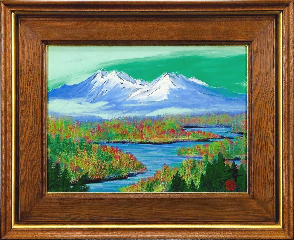 【爆売りセール開催中！】 真作】【WISH】渡辺文平「湖上の山」日本画 8号 高山村 共シール 絵画