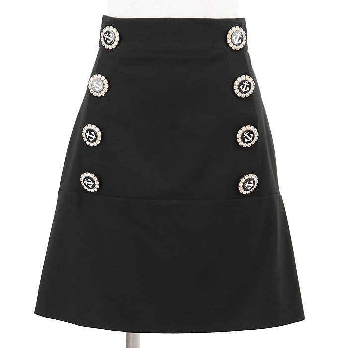 DOLCE-GABBANA ドルチェアンドガッバーナ ミニスカート アンカー × クリスタルビジューボタン ウール × ストレッチ Aライン 台形 ボトムス レディース サイズ 36 ブラック 黒 イタリア製