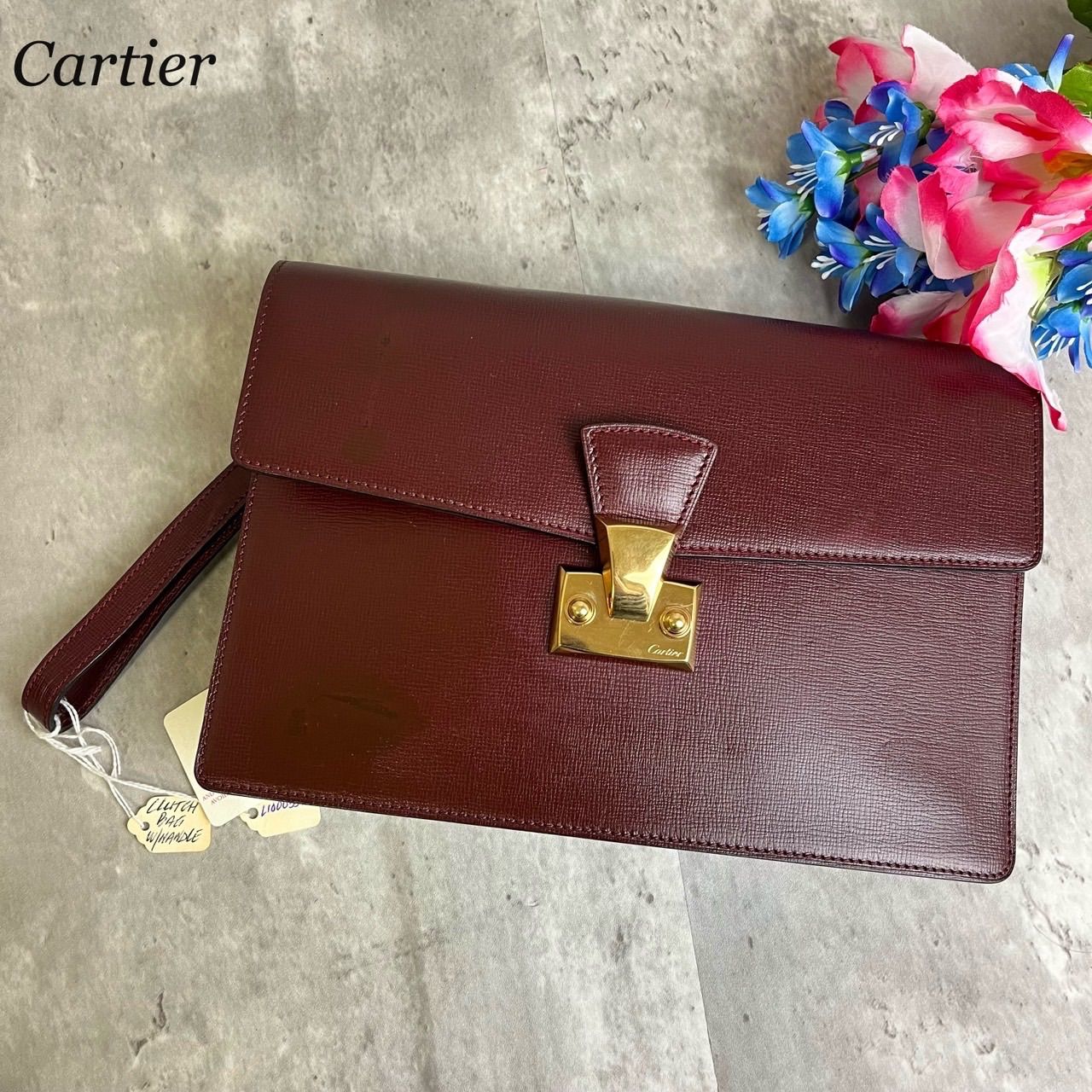 ✨タグ付き✨ Cartier カルティエ クラッチバッグ ハンドバッグ セカンドバッグ ポーチ マストライン ゴールド金具 タグ付き レザー ボルドー  - メルカリ