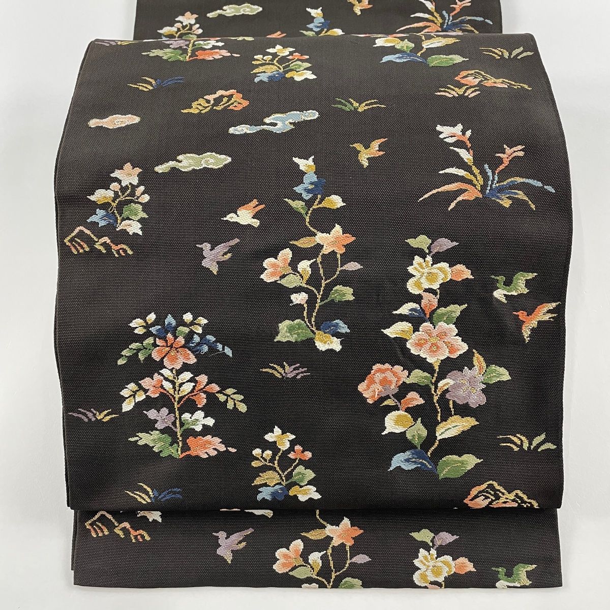 黒 牡丹 刺繍 袋帯 アンティーク 袋帯 黒繻子 刺繍 | きもの処 手縫い＆セレクトの