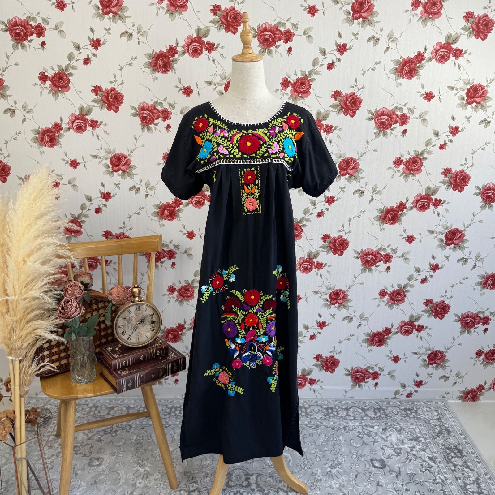メキシカンワンピース 刺繍 花柄 メキシカン刺繍ワンピース - 古着屋