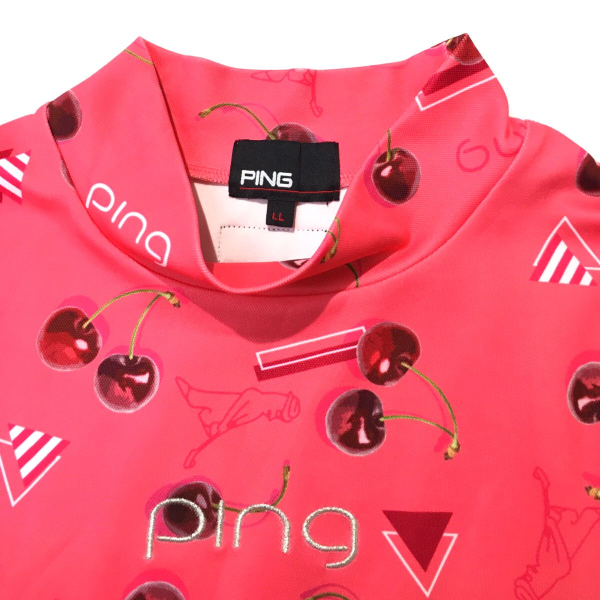 PING - coco 中古 ピン PING レディース 半袖シャツ LL ピンク系 モックネック ハイネック さくらんぼ柄 PING - coco 中古 ピン PING レディース 半袖シャツ LL ピンク系