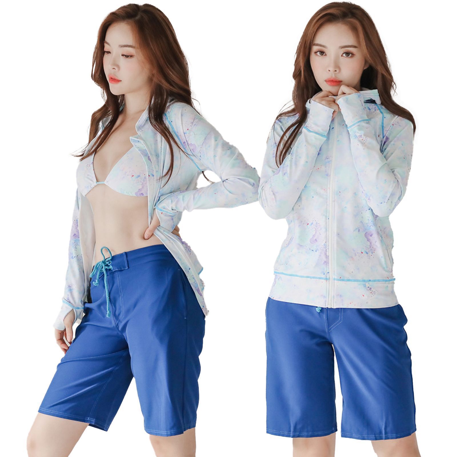 水着 レディース ラッシュガード 体型カバー ビキニ 上下セット 長袖ラッシュパーカー ショートパンツ 4点セット ママ水着 長袖 日焼け対策 UVカット aikai03