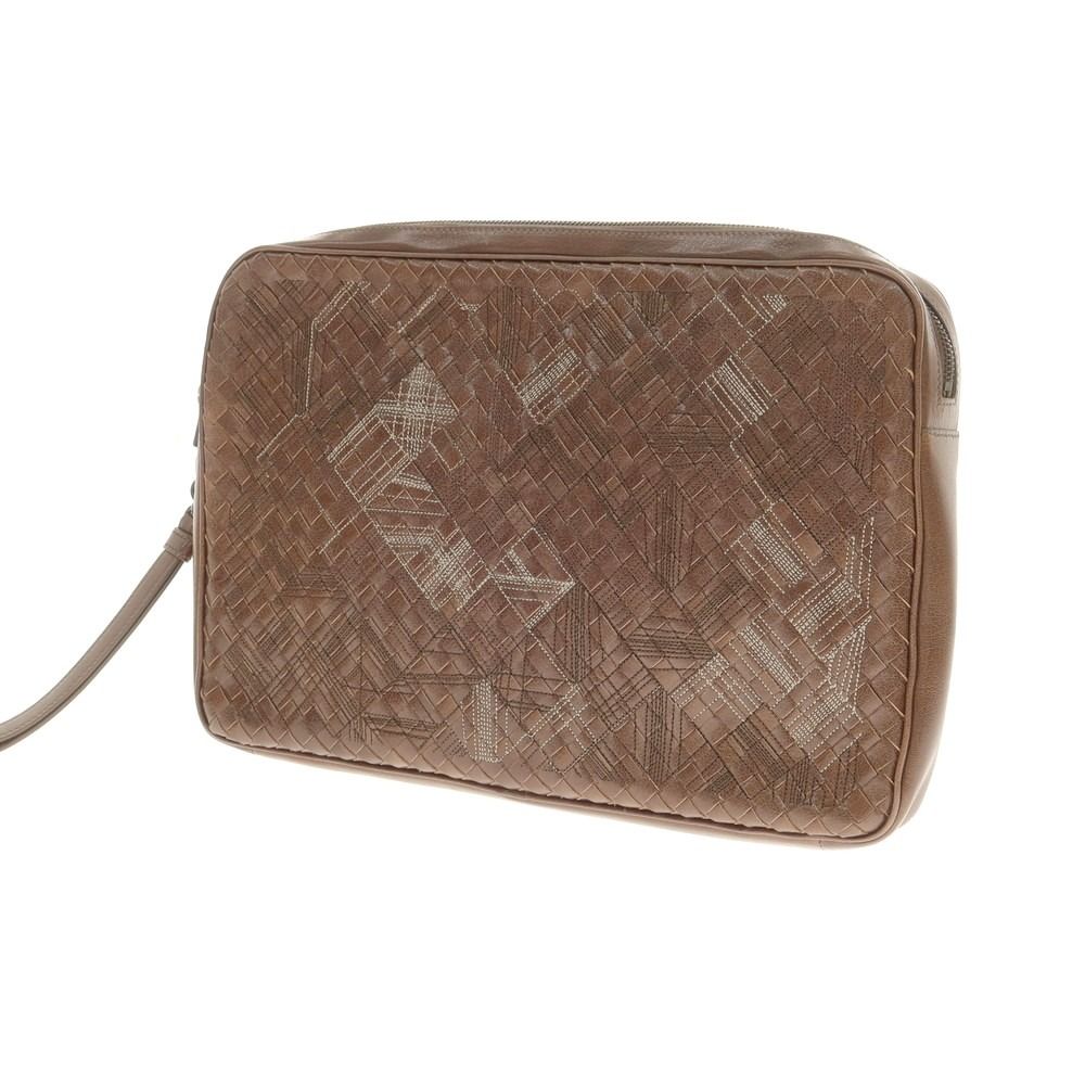 【中古】ボッテガヴェネタ BOTTEGAVENETA レザー イントレチャート クラッチバッグ ブラウン【W34xH24xD3.7】【メンズ】