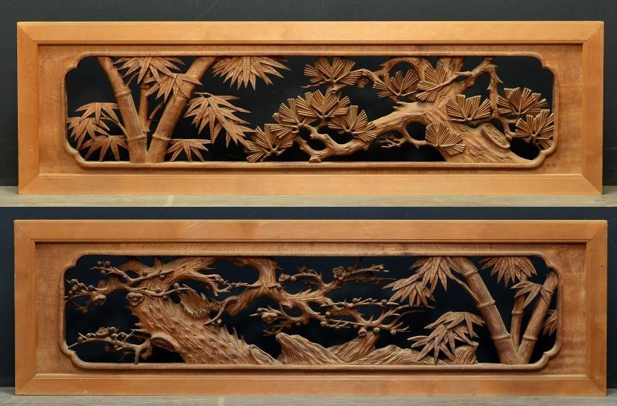 蔵A4971 建具 彫刻欄間 松竹梅 一対 古民家座敷