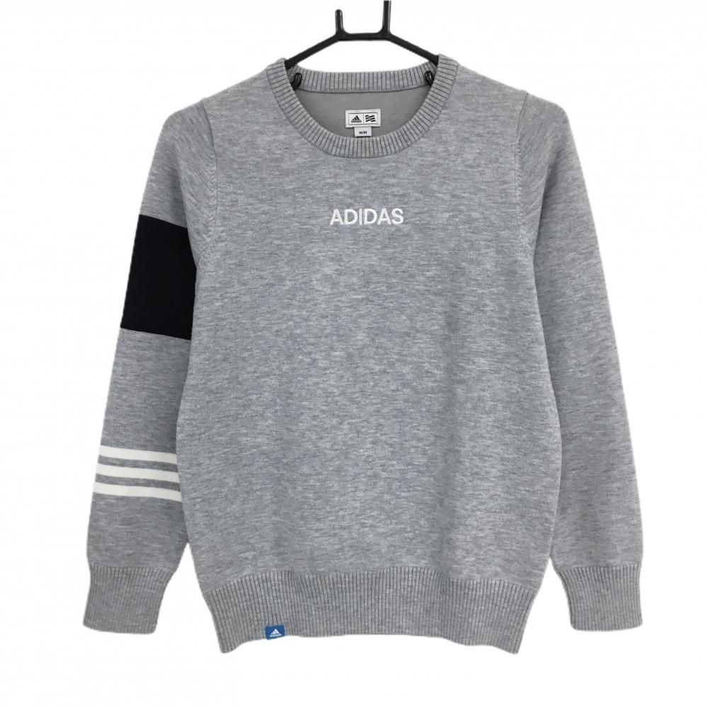 【美品】アディダス セーター グレー×白 ロゴ刺しゅう 袖3ライン ニット  レディース M/M ゴルフウェア adidas