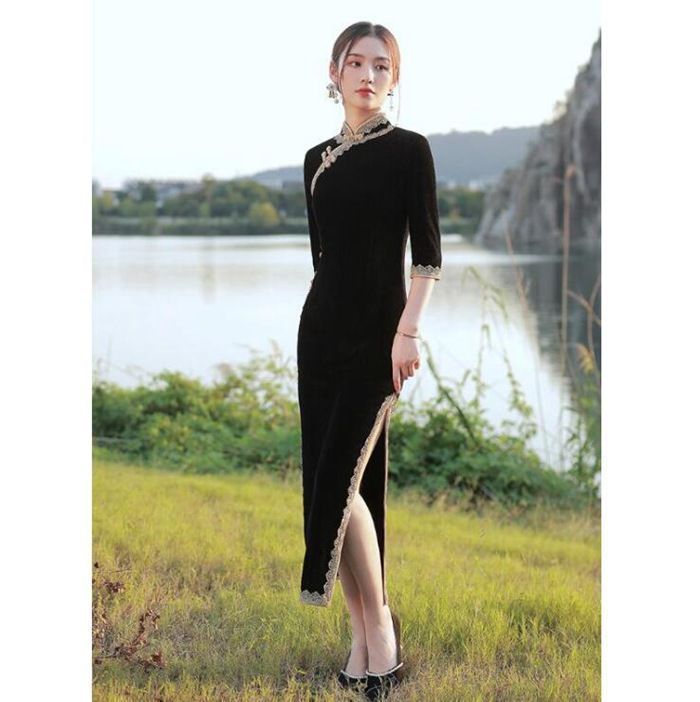 ロング チャイナドレス 秋冬向け 五分袖 厚手 チャイナ ドレス 中華ドレス レース縁取り レディース 中国風 結婚式 パーティー 二次会 ドレス シェニール織 穏やか 上品 中華服 xzxiaoyun167