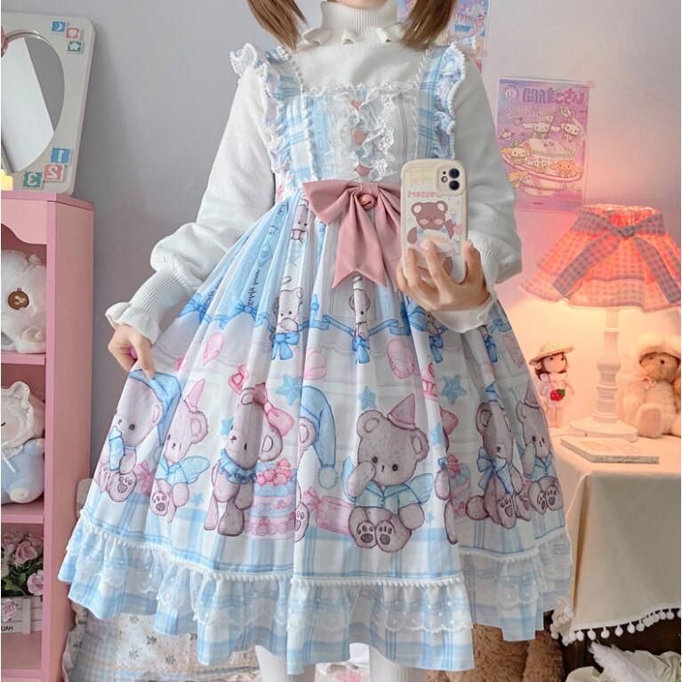 ロリータ ワンピース ジャンパースカート かわいい 膝丈 甘ロリ ゴスロリ ワンピース お姫様 フリル ロリータ服 Lolita レース リボン 裾フリル レディース コス