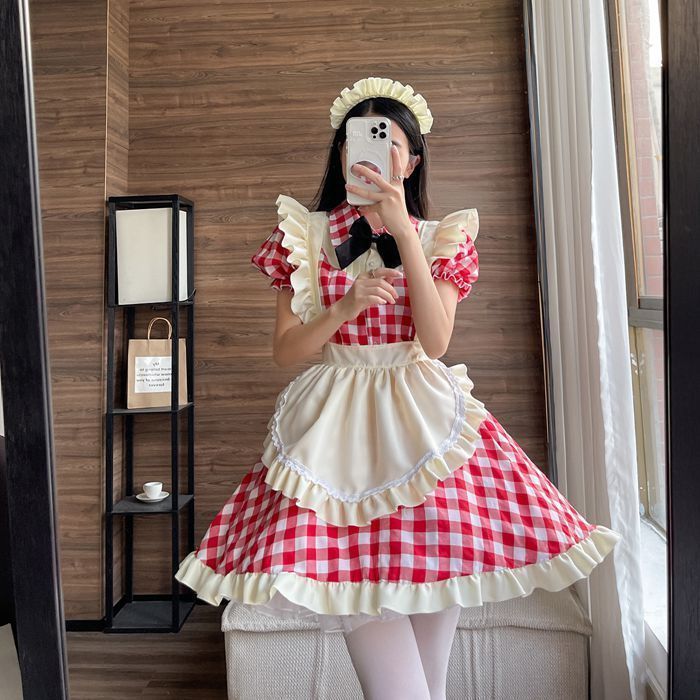 メイド服 チェック柄 喫茶店 レッド ブラック コスプレ ワンピース ロリータ 半袖 日常 萌え ハロウィン 仮装 レディース セクシー 蝶結ぶ 衣装 可愛い 大人用 luolita09
