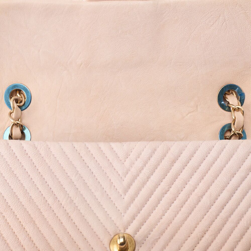 CHANEL シャネル ショルダー バッグ カーフスキン Vステッチ ベージュ ターンロック シングルフラップ ゴールド金具 レディース DECORATOM_COM_BR