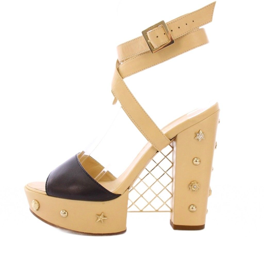 シャネル CHANEL ストラップサンダル ラウンドトゥ プラットフォーム 厚底 レザー ココマーク ロゴ 装飾 36.5 ベージュ 黒 ブラック BB