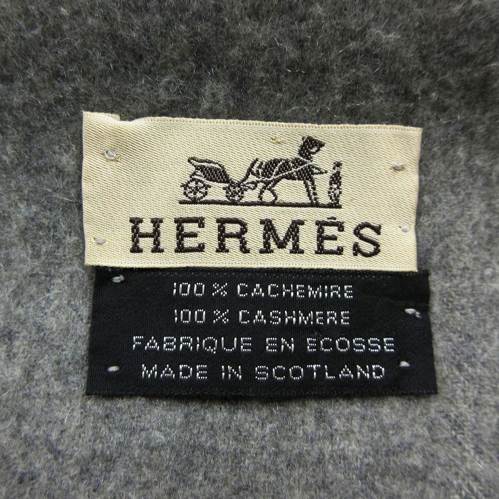 HERMES グレー マフラー ロゴ入り HERMES エルメス ロゴ刺しゅう カシミヤ100% マフラー グレー