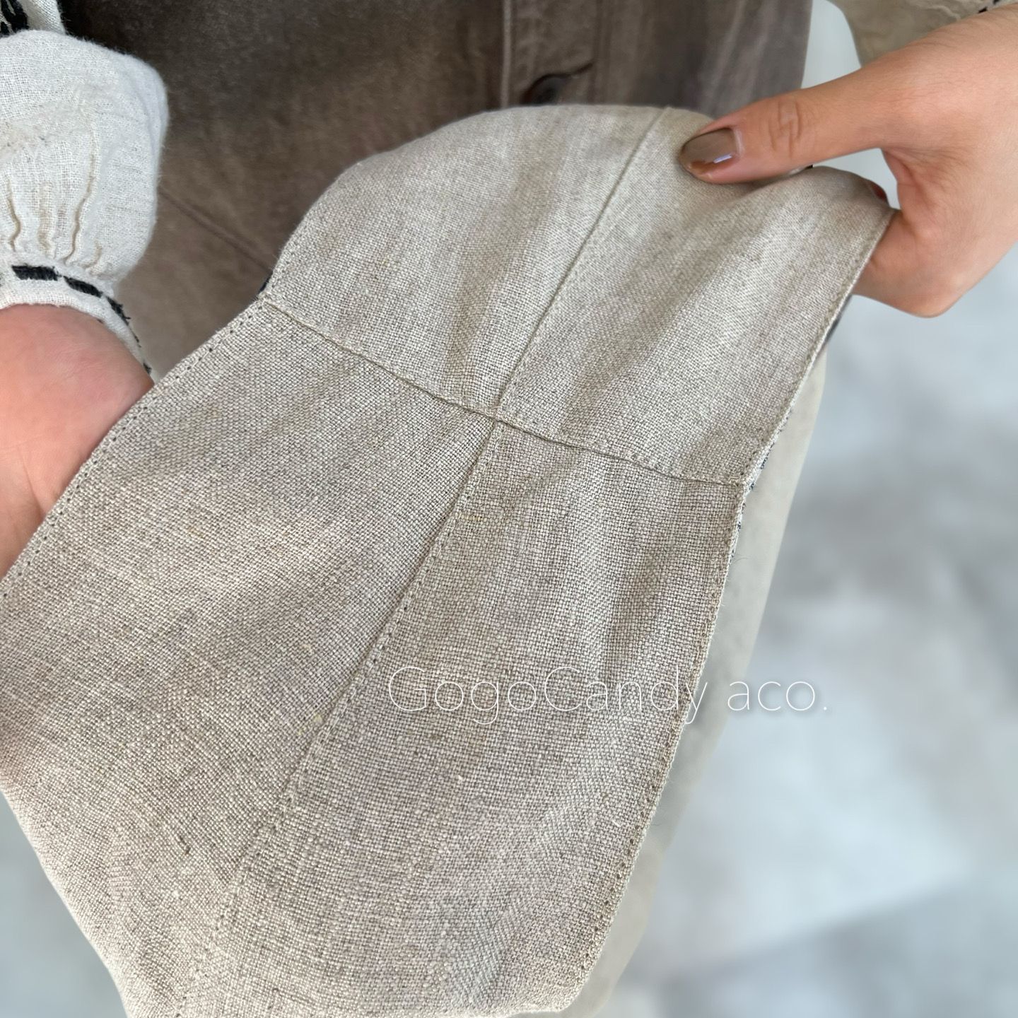 手作りバッグ クタッとバッグ Short リネン×チェック ハンドルカバー付き