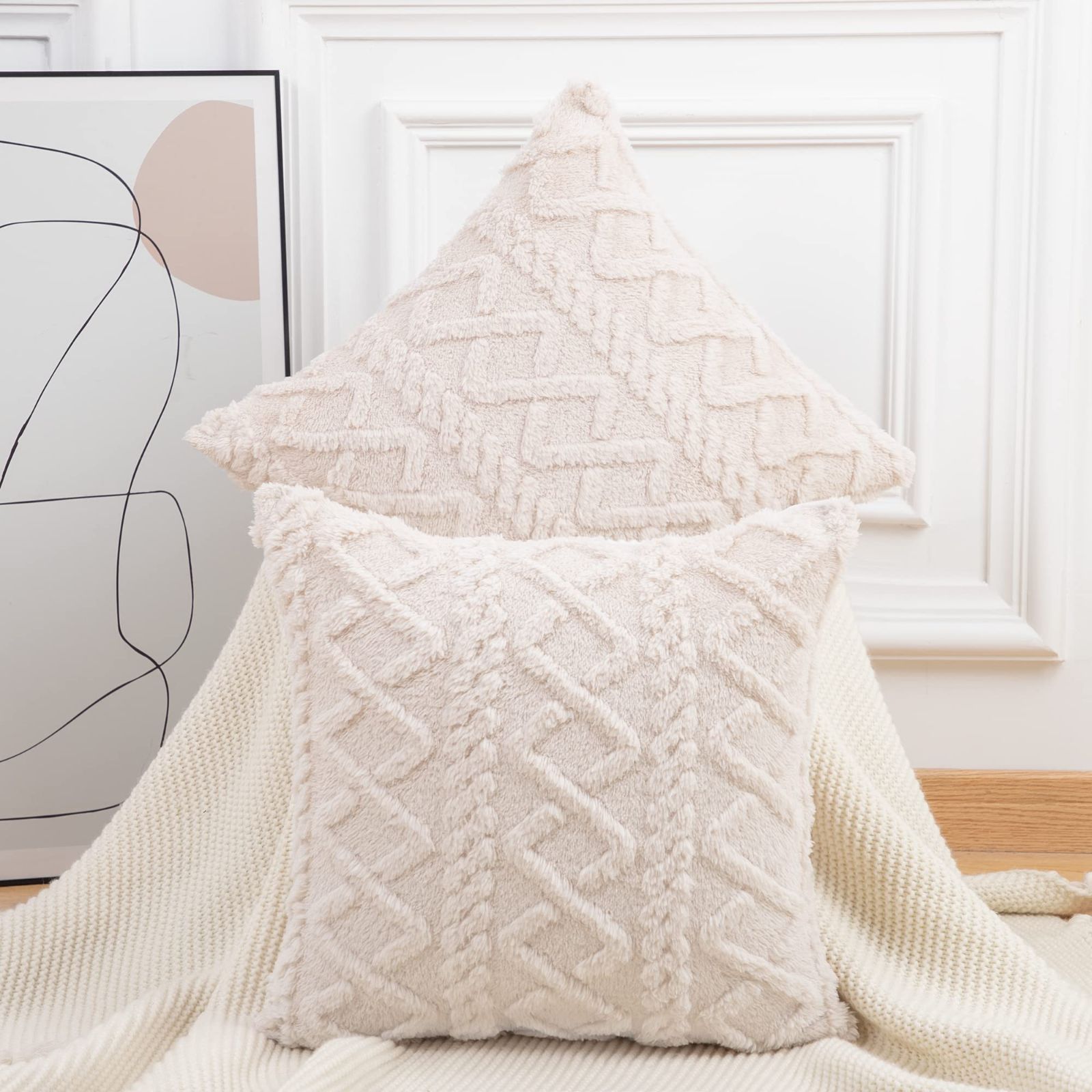 人気商品Madizz クッションカバー 2枚セット 60×60cm グレーベージュ 北欧 柔らかい 短いウール フリース 背当て 装飾 枕カバー 座布団カバー ソファ用 寝室用