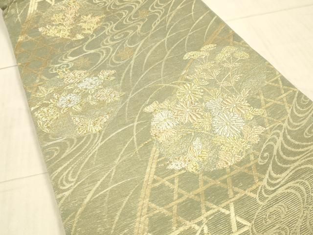 平和屋着物＊夏物　六通柄袋帯　流水籬草花文　金銀糸　正絹　逸品　DAAY8002cm 平和屋着物＊夏物 六通柄袋帯 流水籬草花文 金銀糸 正絹