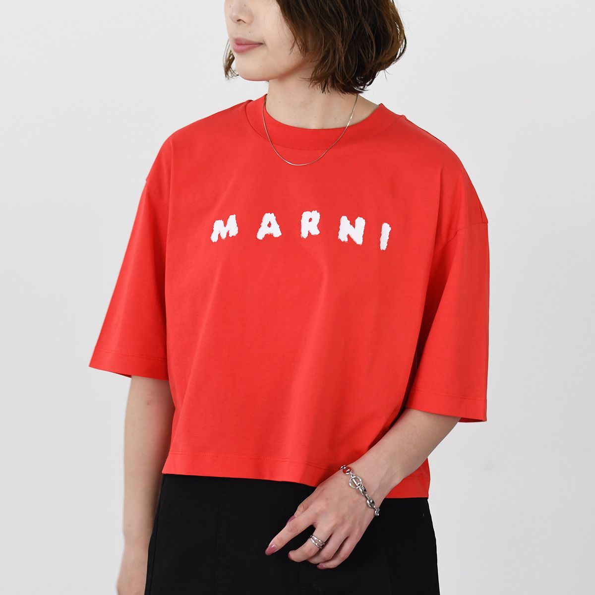 MARNI マルニ Tシャツ カットソー スクリブルロゴ ボクシー Tシャツ THJE0333P5 USCX42 レディース レッド コットン ロゴ 半袖 春 夏 クロップド丈
