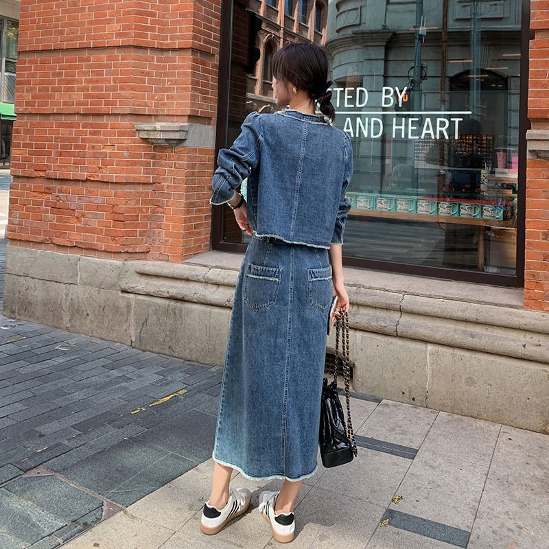  セットアップ レディース デニム 秋 ショート丈 丸襟 半身スカート スリットFS 5523 エプロン キッズファッション小物
