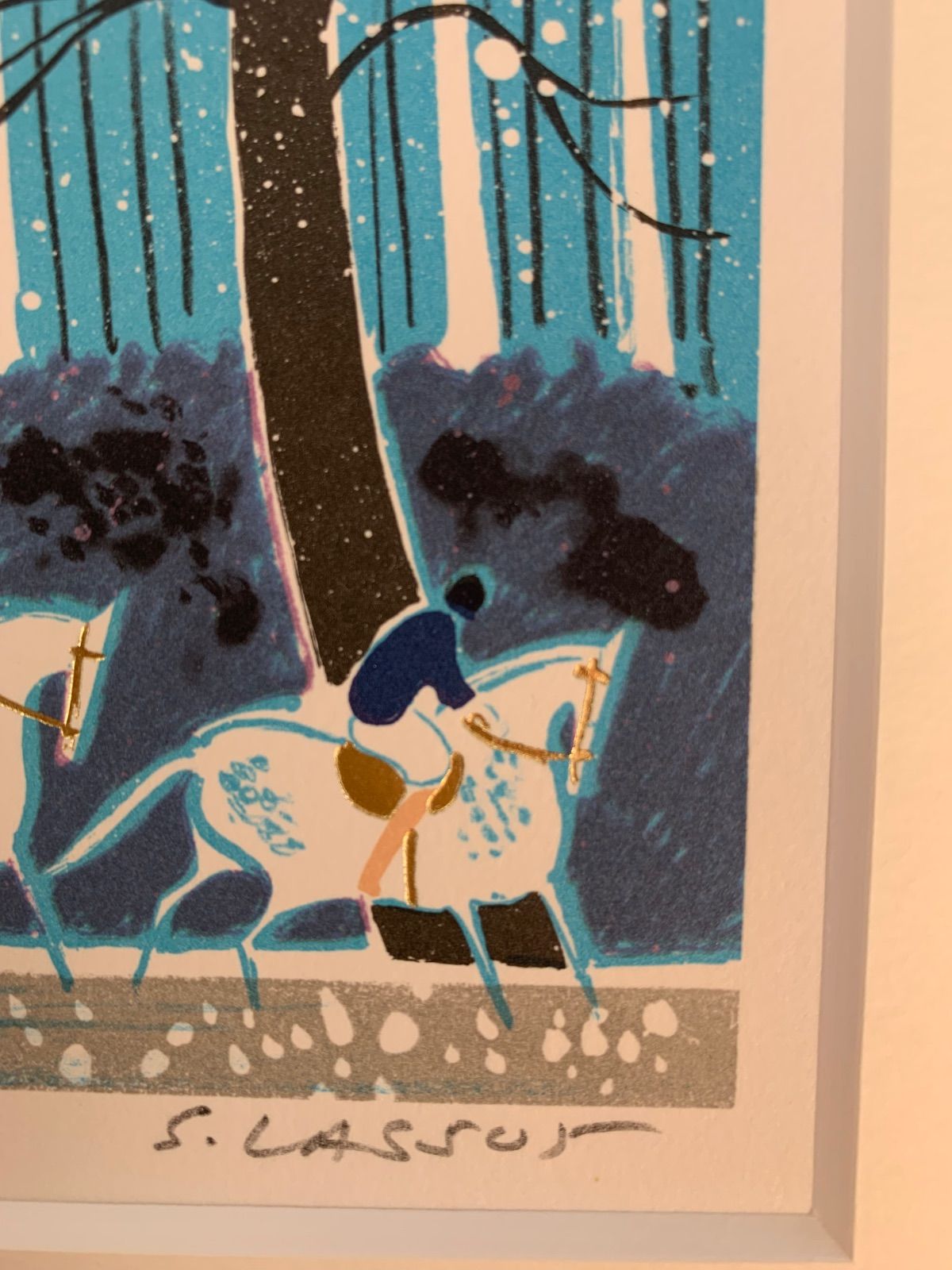 入園入学祝い セルジュ・ラシス「雪景色の中の白馬」リトグラフ 箔押し 作家 版画