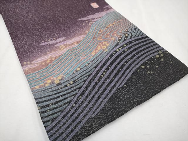 平和屋本店■極上　十日町　名門　滝泰謹製　太鼓柄袋帯　相良刺繍　おぼろ染　襲絞り　遠山枝花文　銀通し地　逸品　CYAA2566s5 平和屋本店□極上 十日町 名門 滝泰謹製 太鼓柄袋帯 相良刺繍 おぼろ染