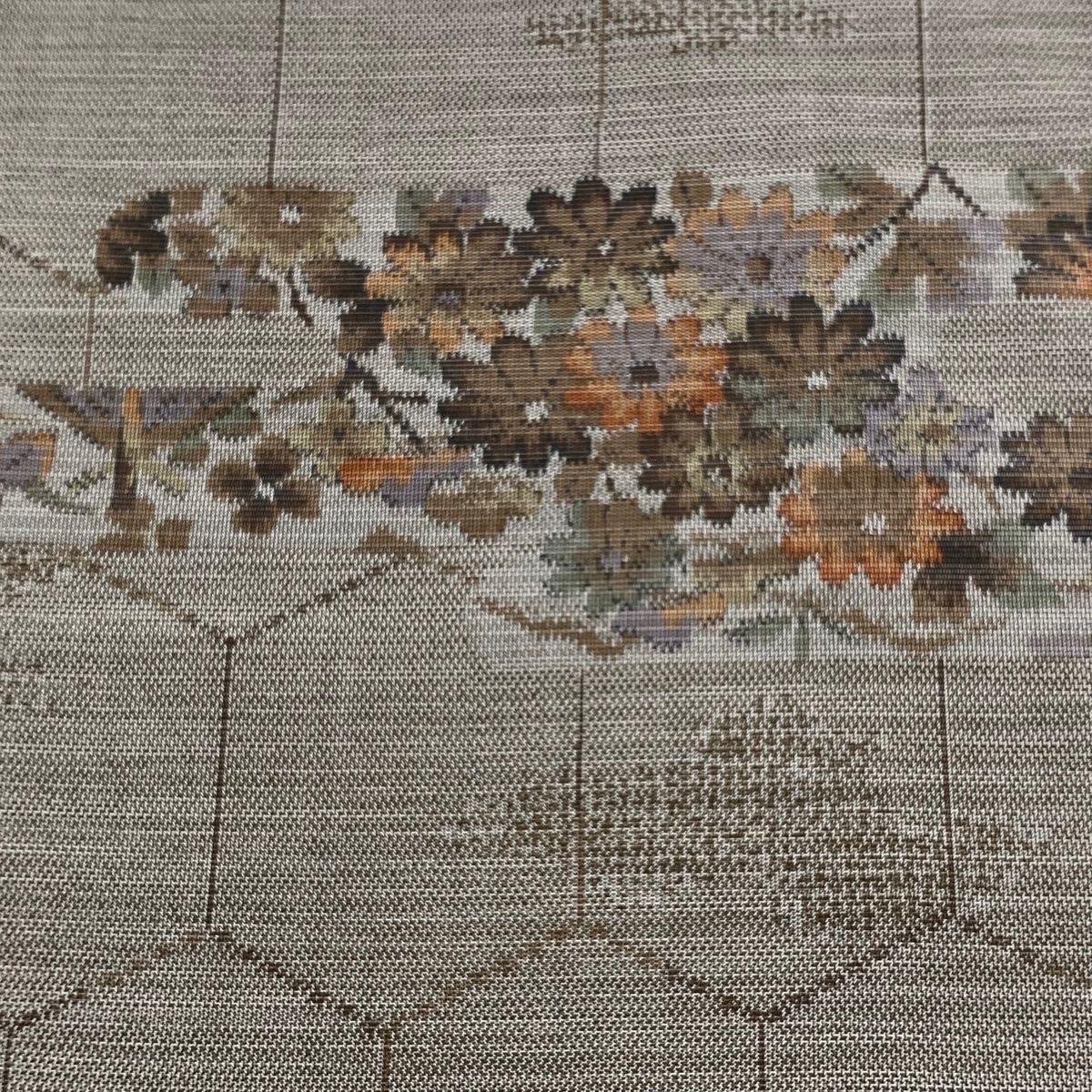 反物 秀品 紬 証紙 亀甲 草花 灰茶 正絹