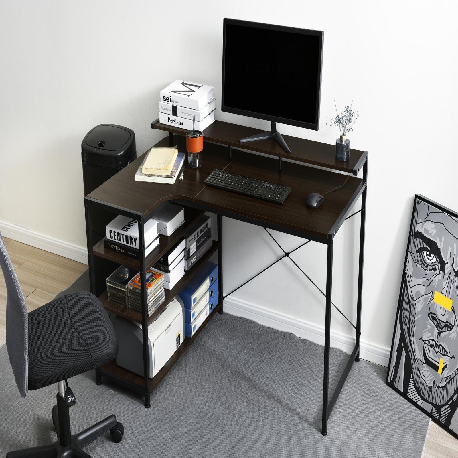 ダークブラウ】パソコンデスクL字120cm3段ラック付ハイデスク付き デスク木製 14%割」【人気商品改良タイプ】【ダークブラウ】パソコンデスク