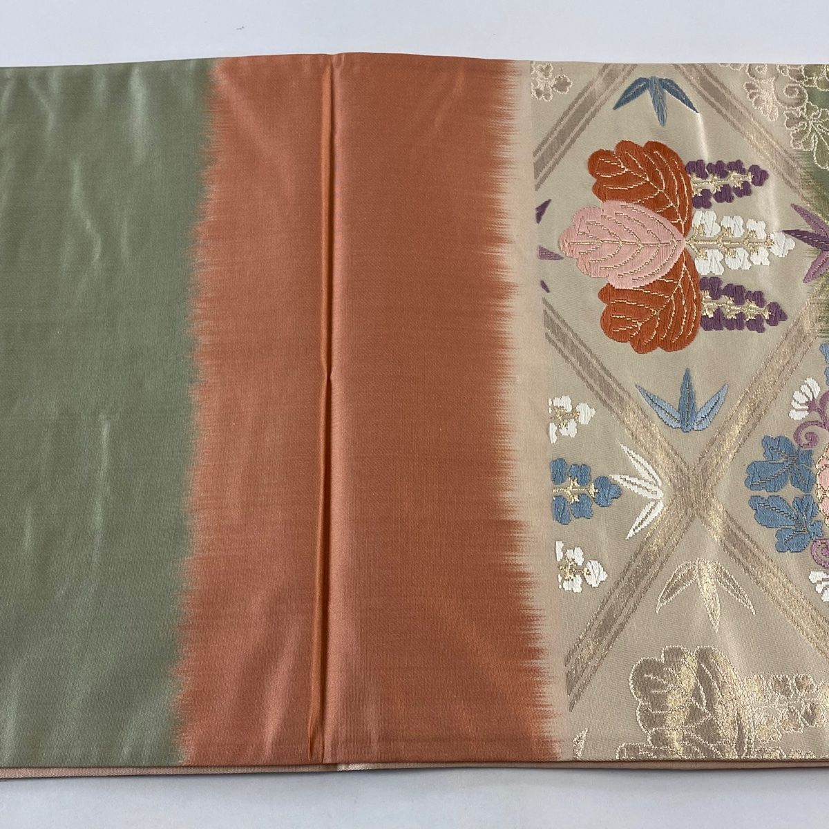 袋帯 秀品 桐 菊 箔 金糸 サーモンピンク 六通 正絹 【中古