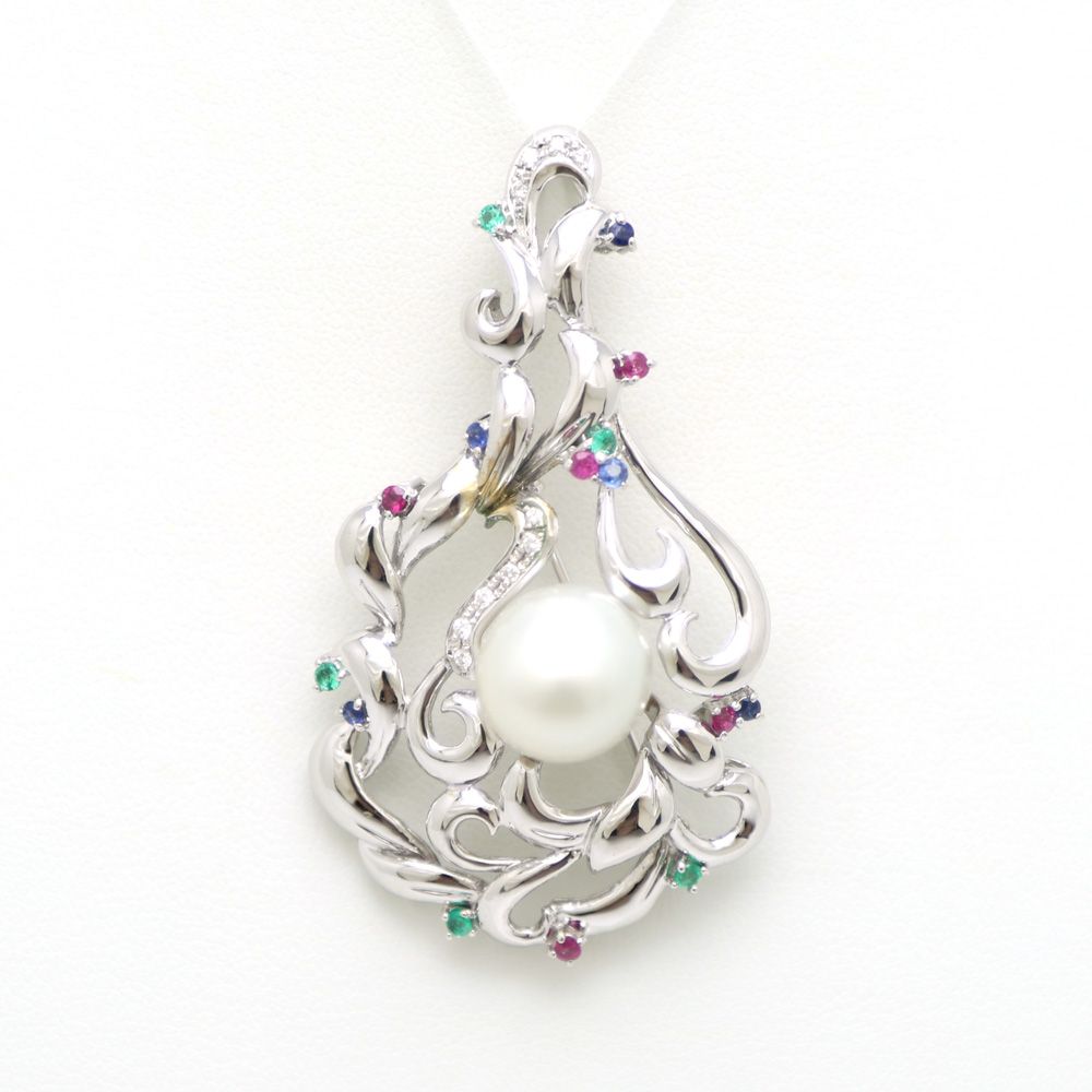 楠本質店|元住吉 K14WG パール-カラーストーン ブローチ ダイヤ0.10ct|ルビー0.05ct|サファイア0.05ct|エメラルド0.05ct