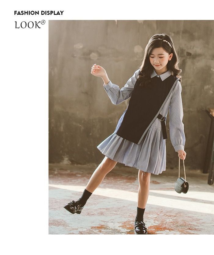 L.L.Bean ブルー ベスト MEDIUM ワンピース 子供用 女の子 ワンピース ベスト 2点セット キッズ