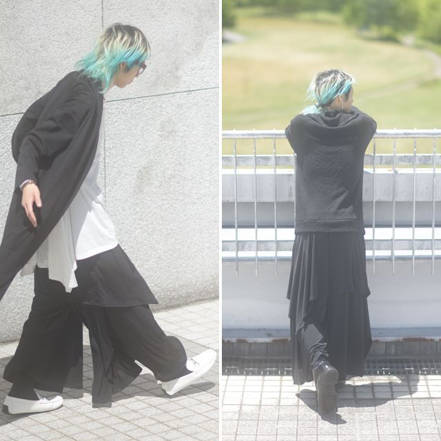 アシメスカート付きサイドスリットワイドパンツ