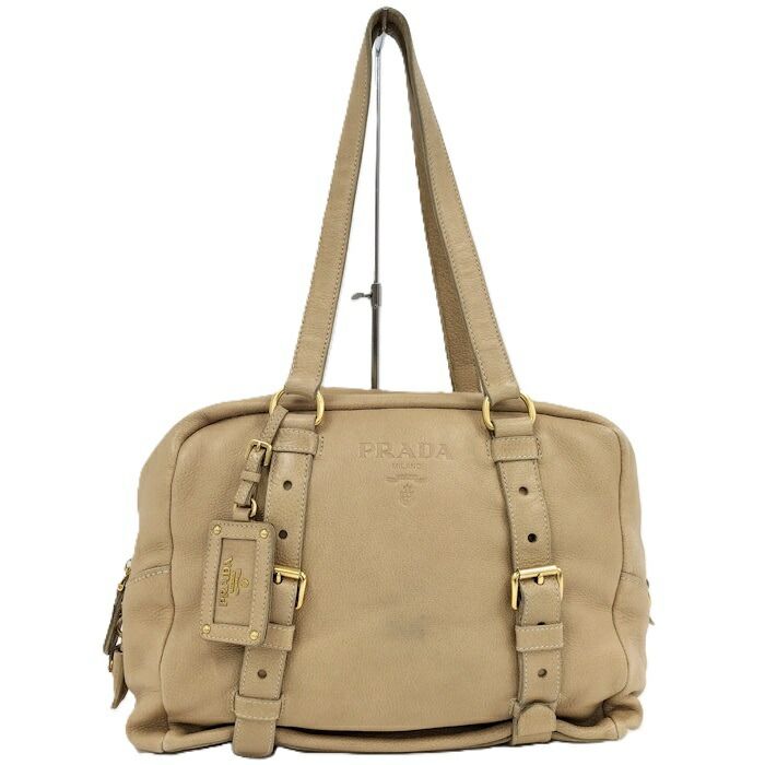 即日発送 PRADA メルカリ - ベージュ レザー ロゴ ボストンバッグ バッグ
