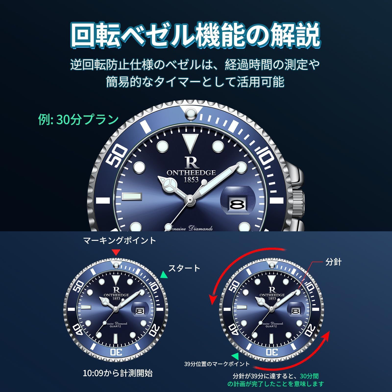 ステンレス 回転ベゼル 日付 3気圧日常生活防水 蓄光 安い 人気 