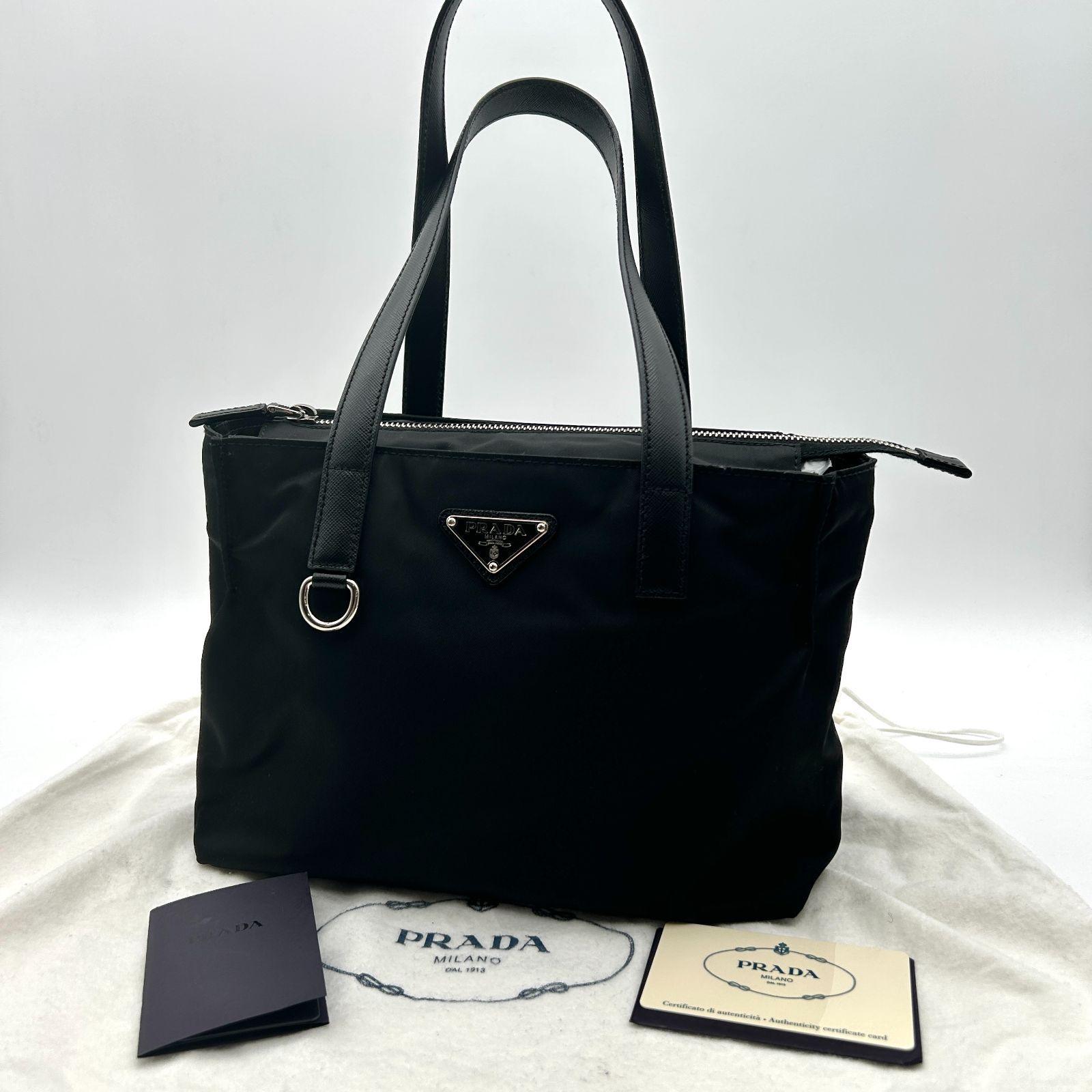 プラダ ハンドバッグ ミニトート ナイロン 三角プレート ブラック サフィアーノ