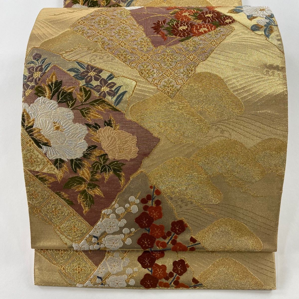 袋帯 美品 秀品 破れ色紙 草花 金糸 箔 金色 六通 正絹 【中古