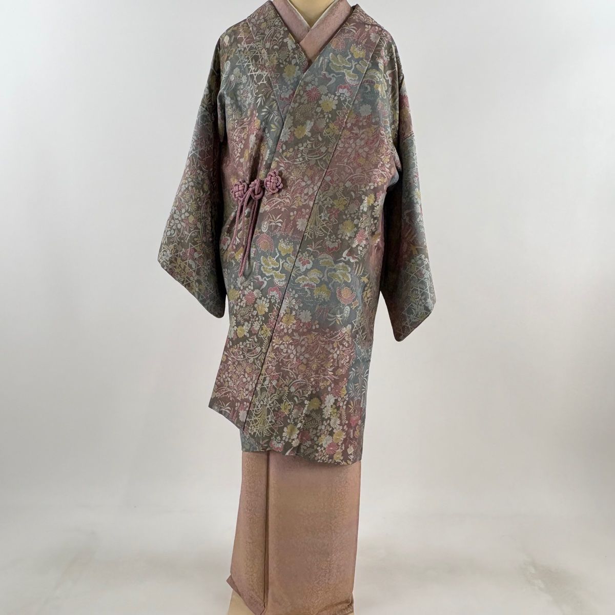 道中着 身丈103cm 裄丈64cm M 和装コート 花鳥 籠目 青灰色 正絹