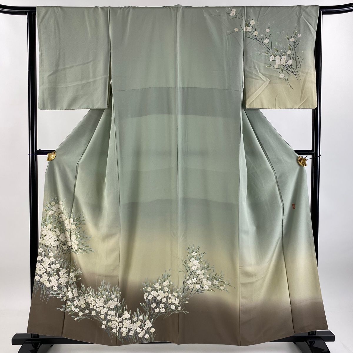 訪問着 身丈157.5cm 裄丈66cm M 袷 田村哲彦 加賀友禅 落款 草花 染め分け ぼかし 薄緑 正絹 名品