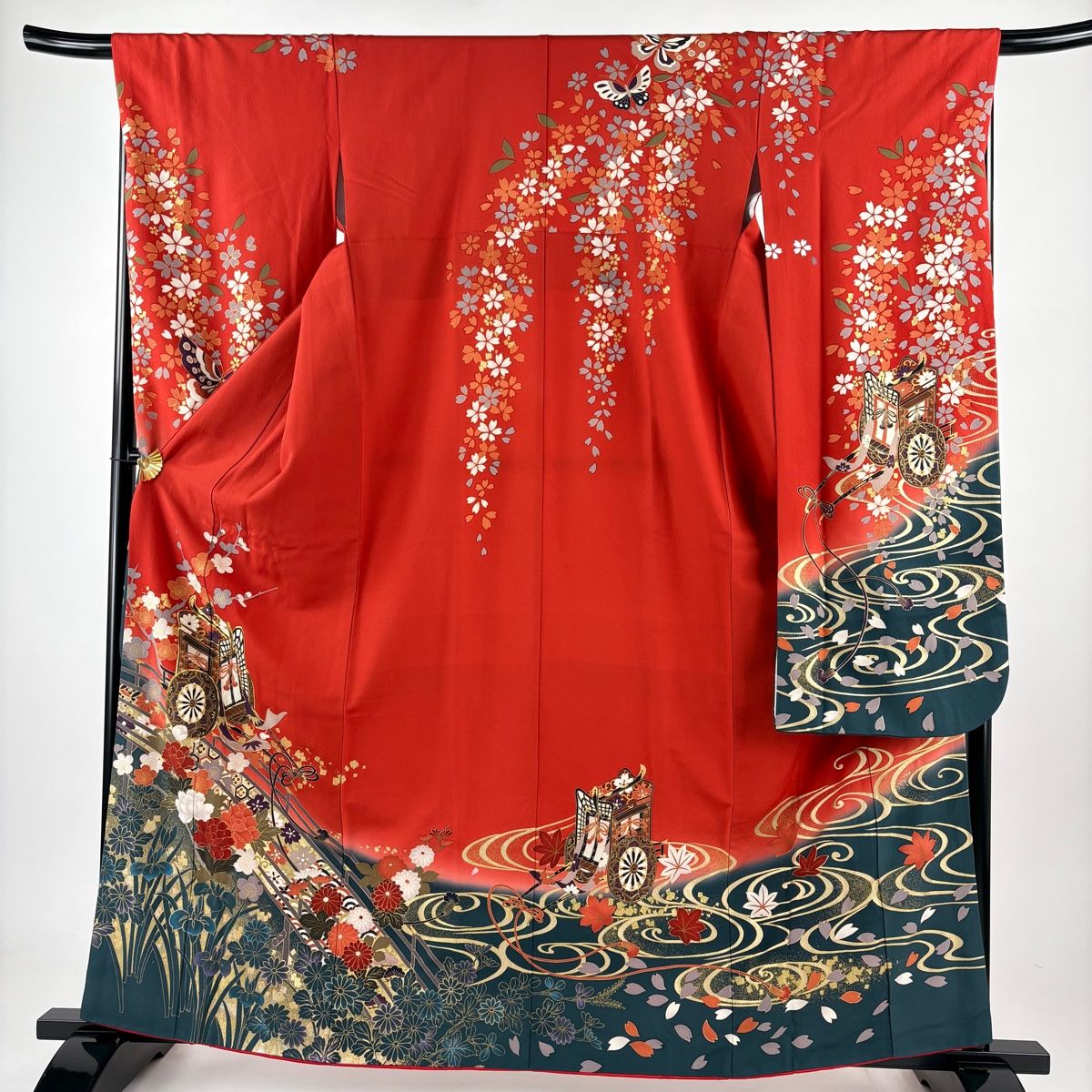 振袖 身丈161.5cm 裄丈68.5cm L 袷 御所車 枝梅 金糸 金銀彩 赤 正絹 名品
