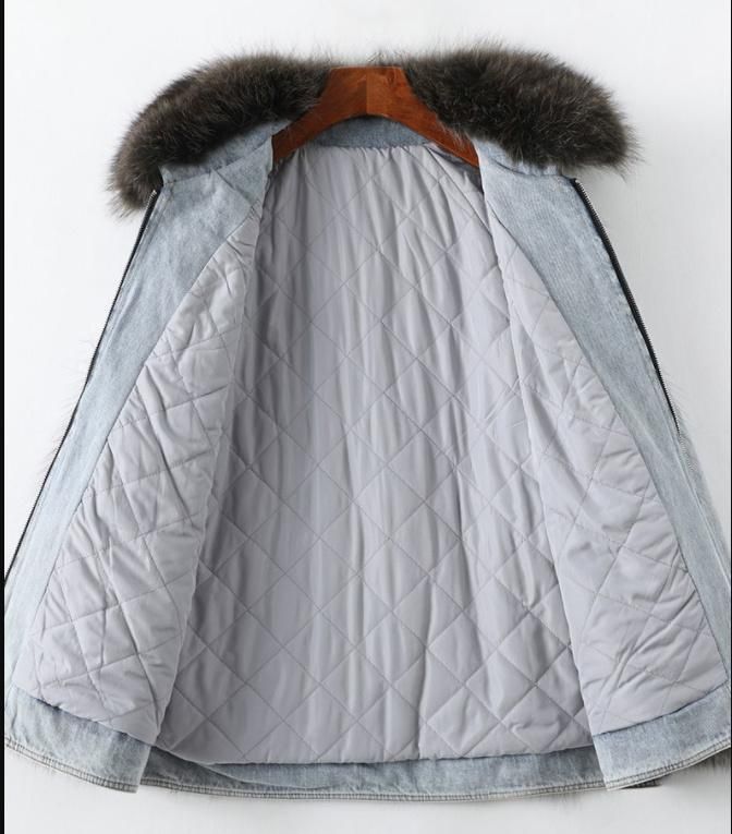 ラクーンファー付き デニム生地の中棉コート毛皮ファー