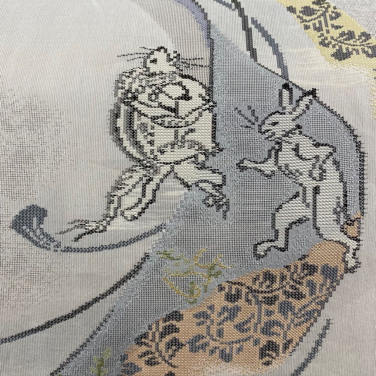 袋帯 美品 秀品 鳥獣戯画 金彩 青紫 六通 正絹 【中古】 袋帯 六通