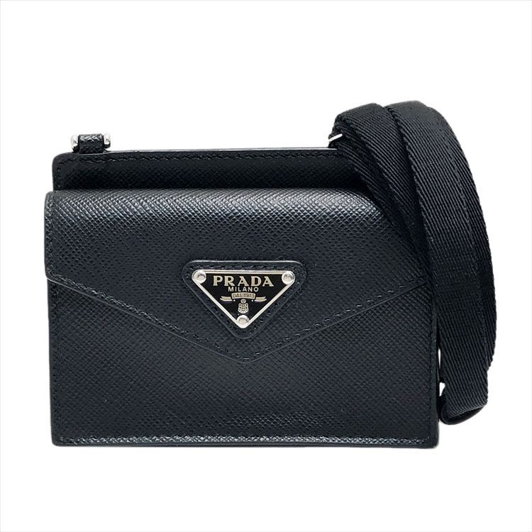 PRADA プラダ トライアングル ロゴ サフィアーノ ショルダーストラップ付 カードホルダー カードケース ブラック 1TL404