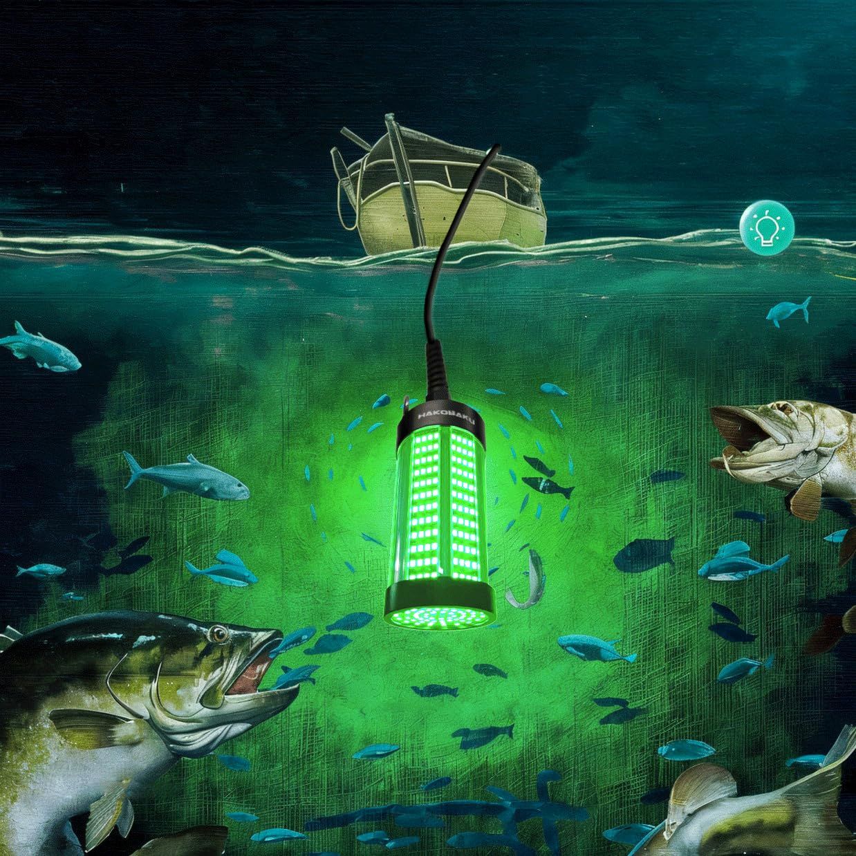 HAKOBAKU 集魚灯 調光機能付き 10w 70w 明るさ調光 水中 強力 LED 堤防 船 シラスウナギ漁 アジ イカ タチウオ釣り 集魚ライト 7M 8Mケーブル USB5V 12v 24v 48v 対応 高輝度 青緑色 DC12～60V