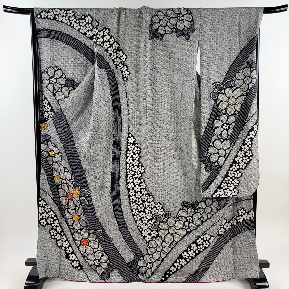振袖 身丈168cm 裄丈70cm L 袷 梅 桜 刺繍 絞り 黒 正絹 名品