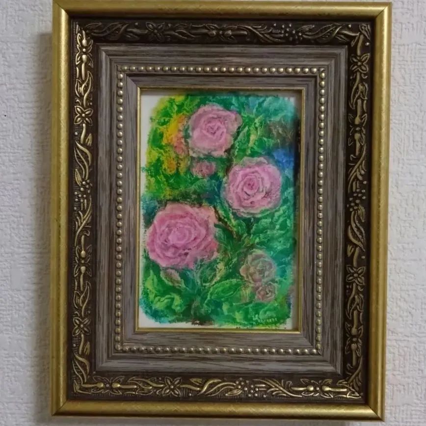 光溢れる睡蓮池 オイルパステル画 ゴールドの額入り 光溢れる睡蓮池