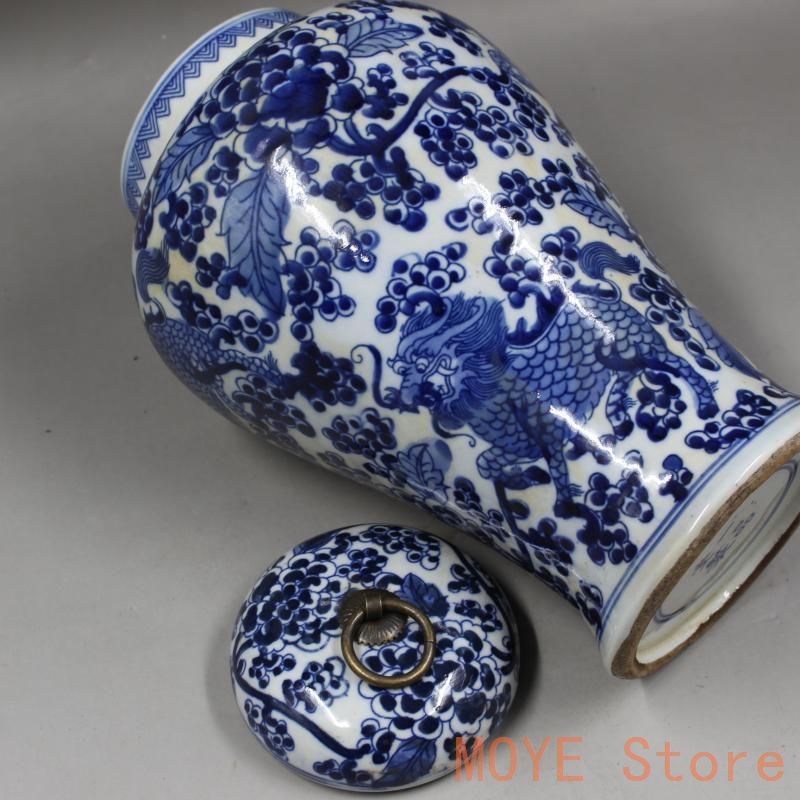 清同治青花穿花麒麟紋茶蓋缶 景徳鎮 陶磁器 装飾品 現代工芸品 美術品
