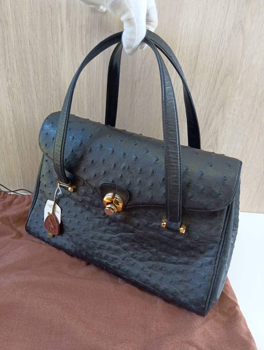 中古品】 JRA認定 Ostrich LEATHERオーストリッチ レザー ハンドバッグ