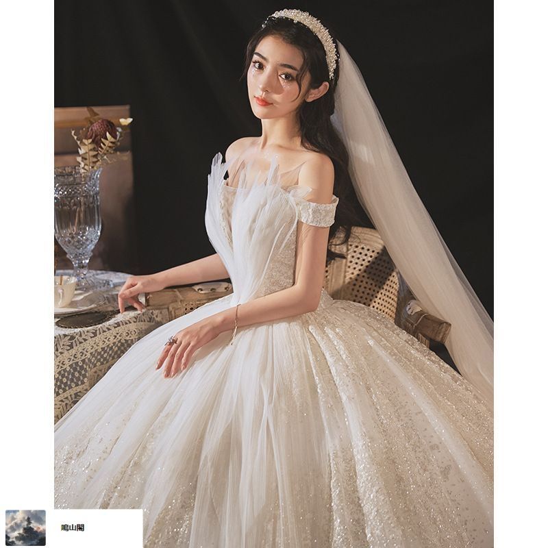 送料無料 2025 一字ショルダー×重工刺繍 感あふれる森系ドレス 小柄対応の夢幻トレーン-8.13LYC680夏の新生活