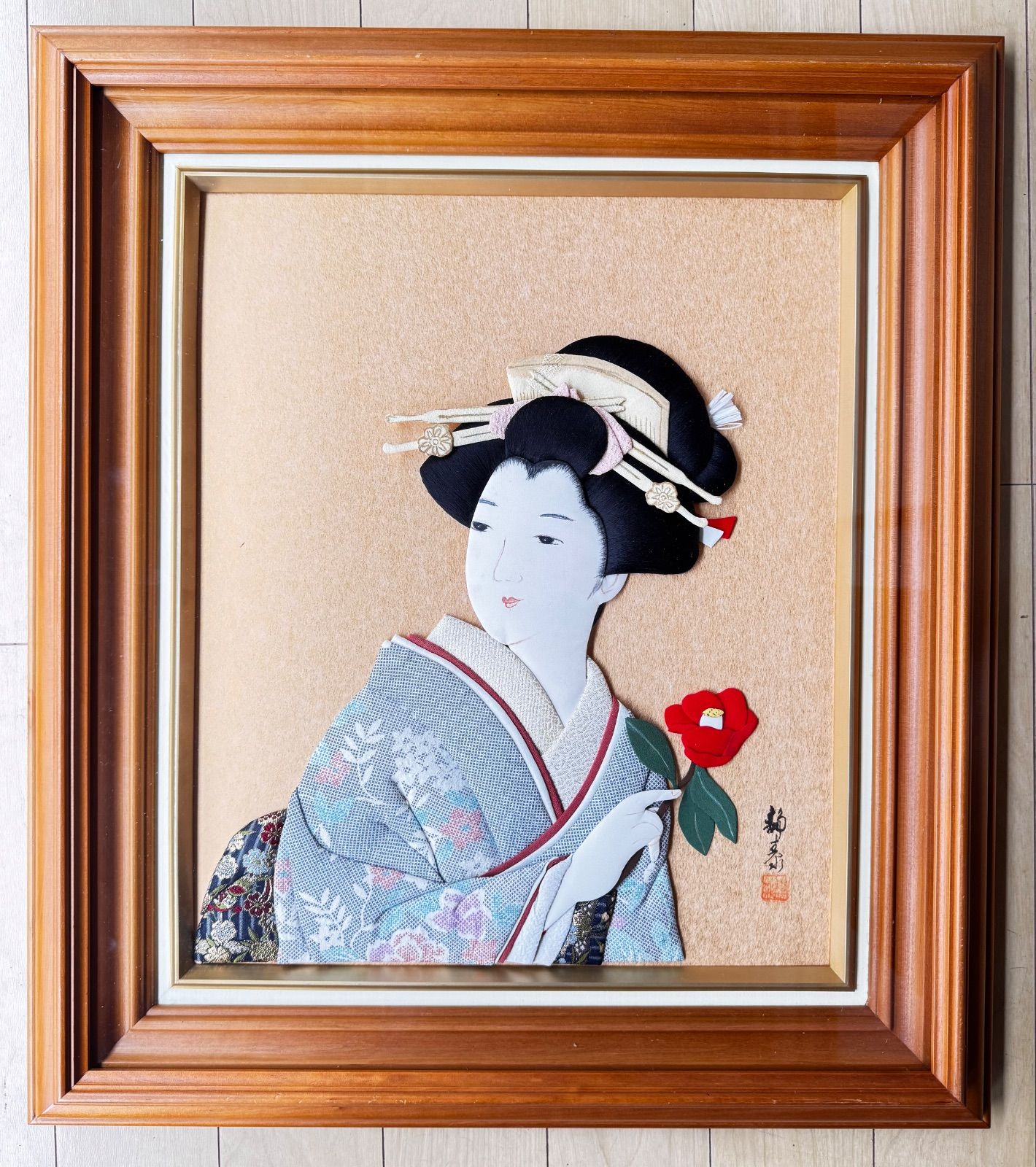 111 押し絵 椿 美人画 くるみ絵 押絵 和装 日本画 美術品 額付き 押絵