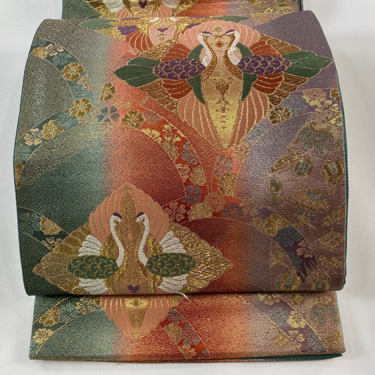 袋帯 秀品 向かい鶴 草花 刺繍 金糸 薄茶色 六通 正絹 【中古