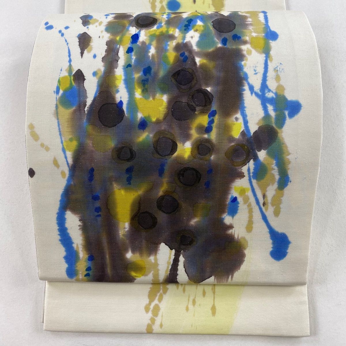 袋帯 秀品 紬地 幾何学模様 波 クリーム お太鼓柄 正絹 【中古】 袋帯