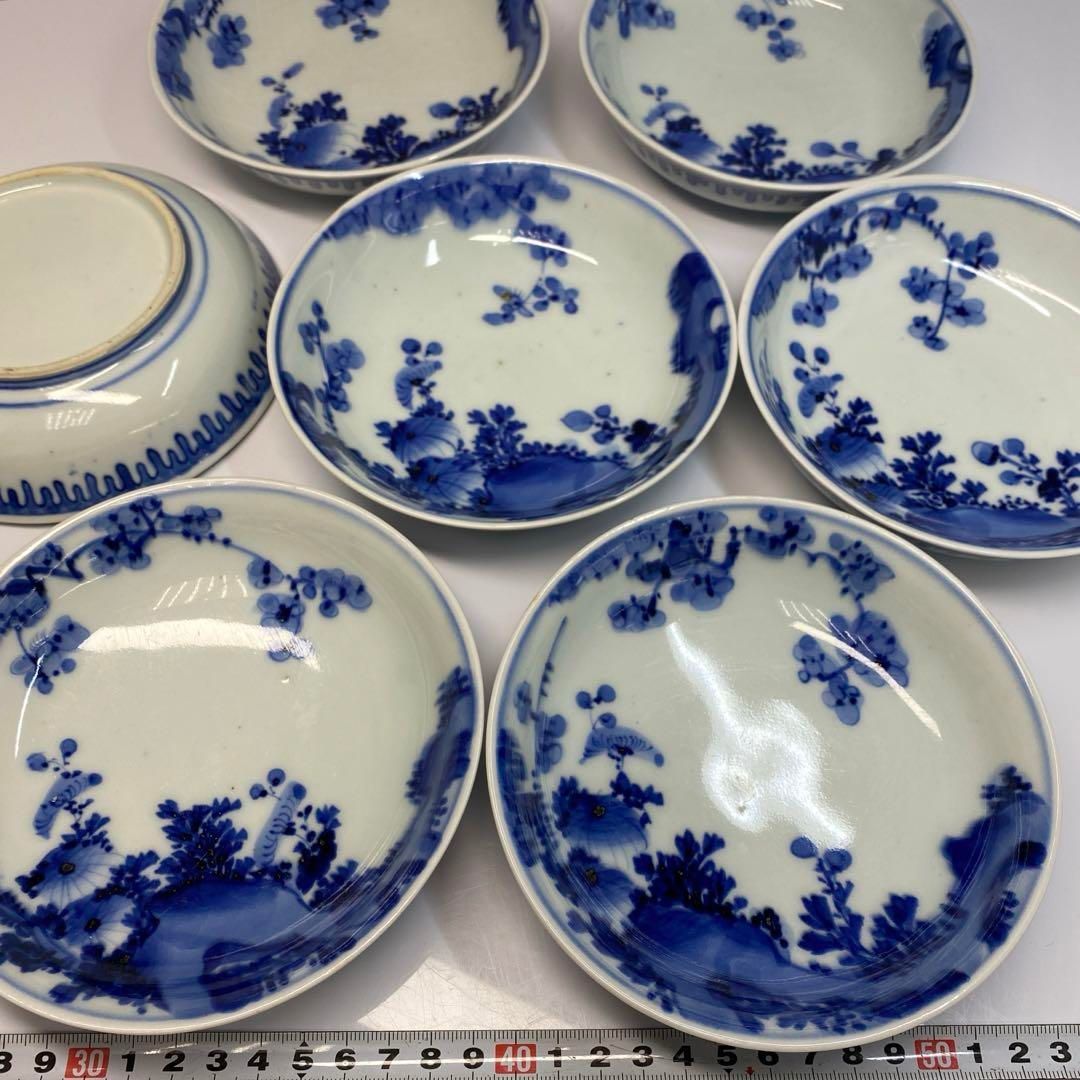 古伊万里 染付 草花図 膾皿 7客 トヒチ 東さ6-0618④